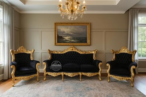 Image of Royal Carved Wooden Sofa Set | 3+1+1 Seater | Antique with Button Tufted Velvet Upholstery | Victorian Style Living Room Furniture Tufted Sofa Set Grey 3-Piece (Design 2)