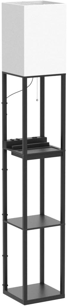 SUNMORY Floor Lamp with Shelves,Modern Dimmable Solid Wood Standing Lamp with 1 Drawer and 2 USB Ports & 2 Power Outlet,Corner Tall Bookshelf Lamp for Living Room and Bedroom(Black)