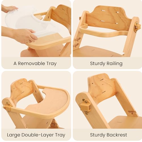 Image of Bateso High Chair for Babies and Toddlers, Wooden Highchair with Adjustable Seat & Convertible Footrest Heights, Baby Feeding Chair with Safety Harness & Removable Double Layer Tray
