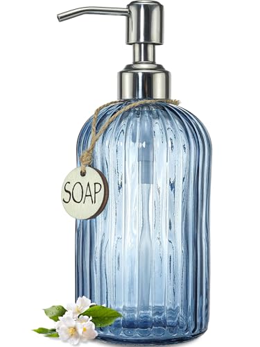 JASAI 18Oz Navy Blue Glass Soap Dispenser for Kitchen & Bathroom Refillable Kitchen soap Dispenser with Vertical Stripe Bathroom Soap Dispenser for Dispense Hand soap& Dish Soap.