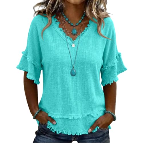 Womens Short Sleeve Tops Western Beach Short Sleeve V Neck Blouses Fitted Peasant Fringe Cotton Linen Shirts Cozy Bigfoot Vacation Tunic Tops Raw Edge Hem Gauze Beach Bohemian Outfits