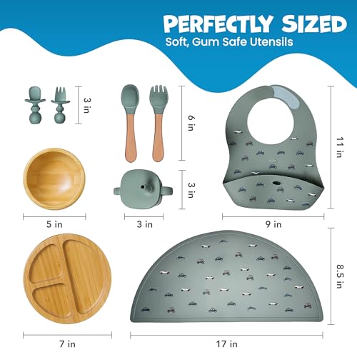 Bamboo & Silicone Baby Feeding Set 8 PCS | Baby Led Weaning Supplies Self Feeding | Divided Suction Plate Bowl Bib Sippy Cup with Straw Utensils Baby Bowls and Spoons Toddler Feeding Set (Pine Gray) - Image 3