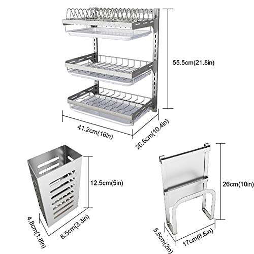 Kitchen Wall-mounted Stainless Steel Dish Rack Drain Rack With Drain Pan Perforated Installation - 2 Layers / 3 Layers. (Size : 3 layers-High21.9in)