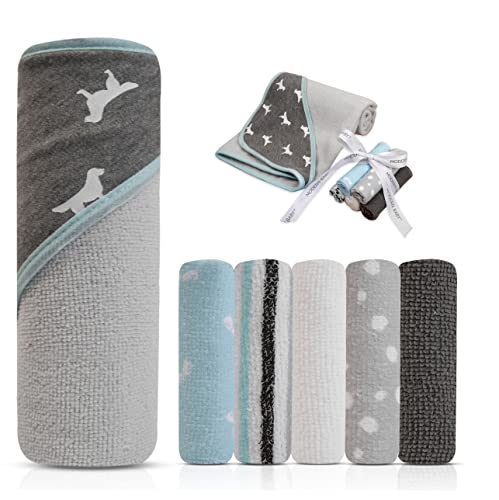 Image of MODERN BABY Hooded Baby Bath Towel Set with 5 Washcloths
