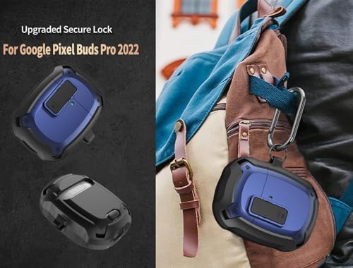 Olytop Case Cover for Google Pixel Buds Pro 2/Pro with Lock Clip & Cleaner Pen 2024/2022 Shockproof Protective Hard Shell Skin with Carabiner for Men Women - Black/Blue