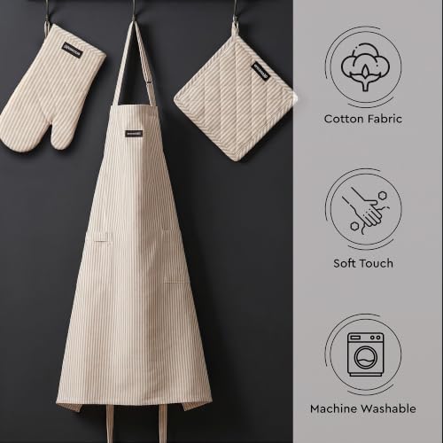 Image of Encasa XO 100% Cotton Apron Set for Women & Men with Adjustable Apron, Oven Gloves & Pot Holder (Pack of 3) Combo, Heat-Resistant, Soft & Durable for Cooking, Baking & Grilling (Ticking Beige)