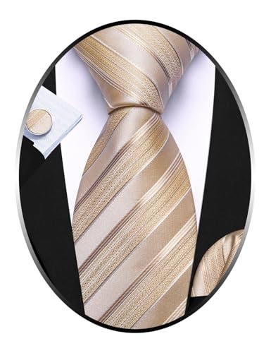 Image of Barry.Wang Tie Sets for Men Silk Stripe Necktie Woven Checkered Handkerchief Cufflinks Formal Business Wedding