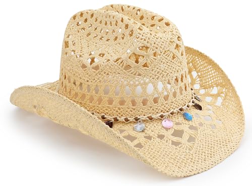 Image of Straw Cowboy Hat, Western Cowgirl Hat, Wide Brim Sun Beach Hat for Men and Women