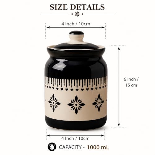 Image of D'Maiolica Ceramic Handmade Pickle Jars in 1000ml (set of 2) | Floral Bale 1 kg Achaar Martban | Ceramic Jadi for Kitchen Storage (Set of 2) | Jars for Achar, Spices, Salt (Midnight Blossom Heartline)