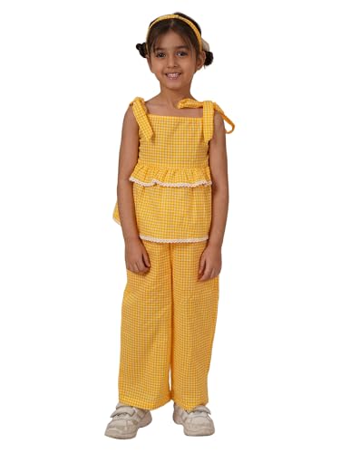 Image of FABRIC FITOOR Kids Cotton's Yellow Colour Checks Print Top & Palazzo Set /Co-ord Set with Hair Band For Girls