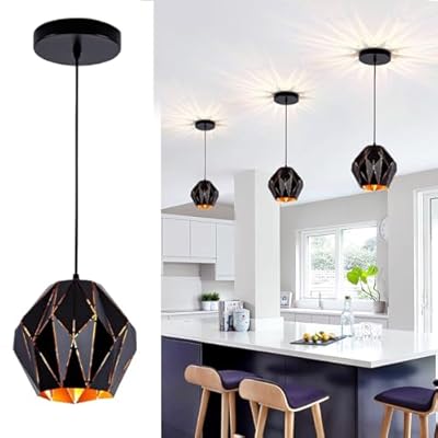 Omgomne Industrial Pendant Lights Kitchen Island,Black Hanging Lighting Fixture with Metal Geometric Diamond Shade Vintage Ceiling Chandelier Pendant Lamp for Dining Living Room Bedroom 1 Light