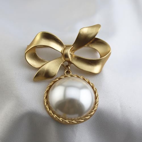 Image of Bow Knot Faux Pearl Brooch Pin for Women Girls 14k Golden Plated Bowknot Ribbon Lapel Brooches Pins Vintage Christmas Birthday Jewelry Gifts for Suit Dress Accessories