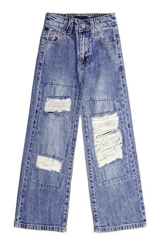 KIDSCOOL SPACE Girls Wide-Leg Ripped Denim Pants, 5-14T Loose-fit Distressed Fashion Flared Jeans