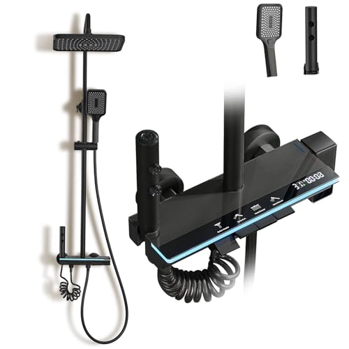 DEWINNER Columna Ducha de Titanio Negro Con Cabezal Cuadrado,Pantalla LED,Columna de Ducha 4 Modos,Ducha de Mano con 3 Modos,Altura ajustable 70-110CM