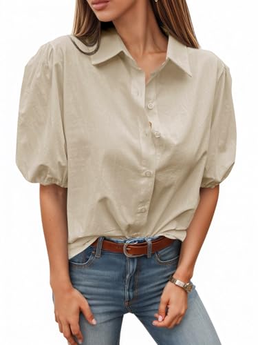Image of Tankaneo Women's Button Down Shirts Short Puff Sleeve Collared Dressy Casual Blouse Tops