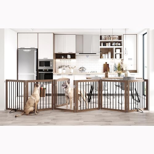 Folding-Pet-Gate-144-Wide-30-Tall-No-Assembly-Wooden-Dog-Gate-with-Door-Walk-Through-Freestanding-Pet-Gate-Puppy-Safety-Fence-with-2PCS-Support-Brown