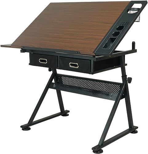 Drafting Tables Height Adjustable Drafting Desk Tiltable Tabletop Drawing Table, with 2 Storage Drawers Art Writing Reading Workstation,Brown (Brown) (Brown)