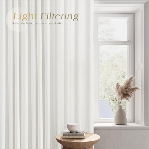 Image of Ivory Linen Curtains 102 Inches Long for Living Room 2 Panels Set Grommet Natural Faux Semi Sheer Sunlight Filtering Drapery Luxury Lightweight Rustic Bohemian Curtain for Dining Room Bedroom 52X102