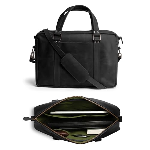 Leather Briefcase for Men with Shoulder Strap, Crossbody Laptop Bag, Computer Brief Case for Work, Messenger Bags, Satchel (Charcoal Black)