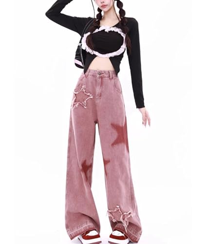 xxxiticat Women's Pink Baggy Jeans High Waisted Five-Pointed Star Embroidery Vintage Loose Raw Hem Wide Leg Denim Pants2