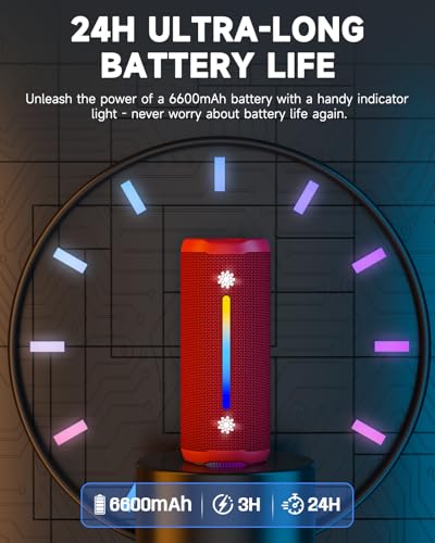 Image of OHAYO Bluetooth Speaker, Portable Wireless, IPX7 Waterproof, Powerful 25W Sound, 24H Playtime, Dual Pairing, Active Bass, Colorful Lights, Bluetooth 5.3, Outdoor Speakers for Home /Party /Beach, Red