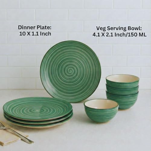 Image of Freakway Hand-Painted 'Sea Swirls' Dinner Set Ceramic Stoneware Dinner Set of 8 Pieces | 4 Ceramic Dinner Plate and 4 Bowl /katori | Bone Ash Free | Microwave and Dishwasher Safe - Green