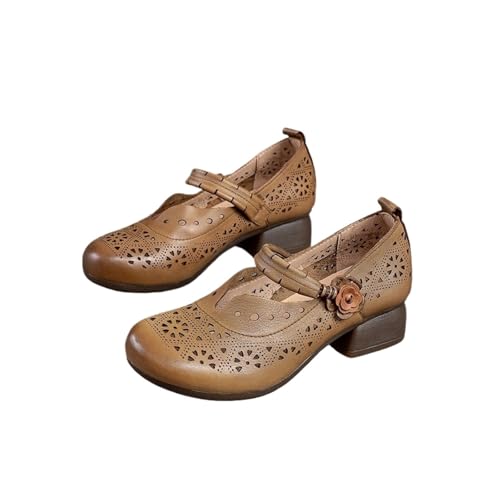 Womens Sandals Breathable small high-heeled sandals with round toe buckle, retro style, comfortable first-layer cowhide women's shoes