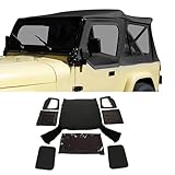 KUAFU Replacement Soft Top Compatible with 1987-1995 Jeep Wrangler YJ 2 Door Sailcloth Vinyl Black Roof, Zip Out with Tinted Plastic Windows and Removable Front Upper Door Skins