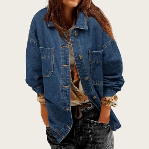 Women's Oversized Denim Jacket Distresse Jean Jacket Casual Long Sleeve Button Down Trucker Jackets Coat with Pockets2