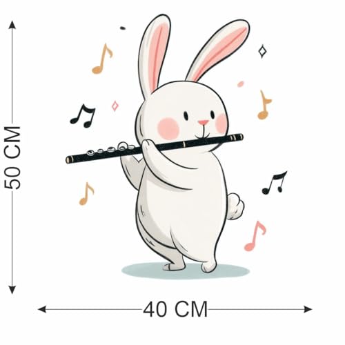Image of Cute Bunny Playing Flute Wall Sticker | Cartoon Rabbit Self Adhesive Wall Decal for Kids Room, Nursery, Bedroom & Playroom Decoration