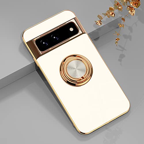 Urarssa Compatible with Google Pixel 7 Case Ring Holder for Women Girls, Finger Rotating Kickstand Magnetic Car Stand Soft Bumper Cover, Shockproof Phone Case for Google Pixel 7 6.3 inch, White