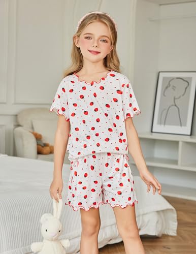 Arshiner Girls Pajama Set Short Sleeve Lounge Set Soft Shirring Summer Sleepwear Pj Sets4