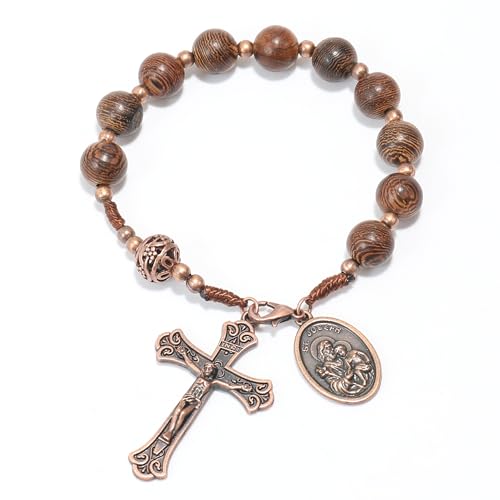 Nazareth Store Wood Beads One Decade Rosary Handmade Pocket Car Mirror with Saint Medal and Jesus Cross in Antique Bronze Wooden Travel Friendly Rosary