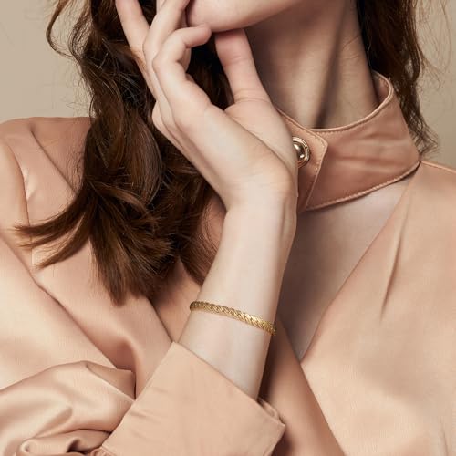 FEGER 14K Gold Double-Row Braid Chain Bracelet for Men and Women Non-Tarnish Bracelets with Lobster Clasp Available in 5 Sizes (6.5''-8.5'')2