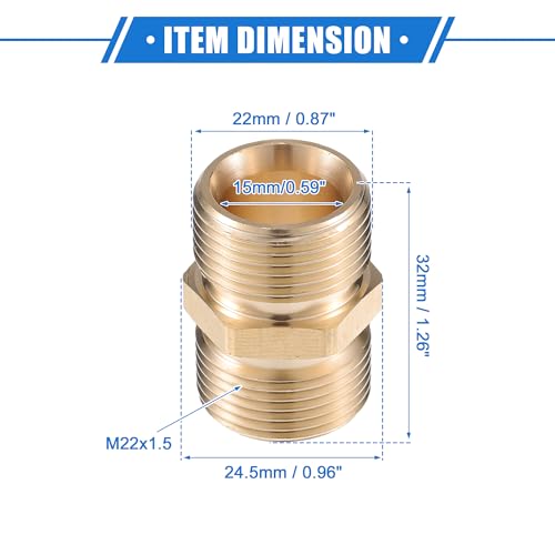 VekAuto Hochdruckreiniger-Anschluss, 15mm M22x1.5 männlicher Adapter aus Messing Schraubenschlauchanschluss Universal für Hochdruckreiniger Schnellkupplung Messing Kupferfarbe