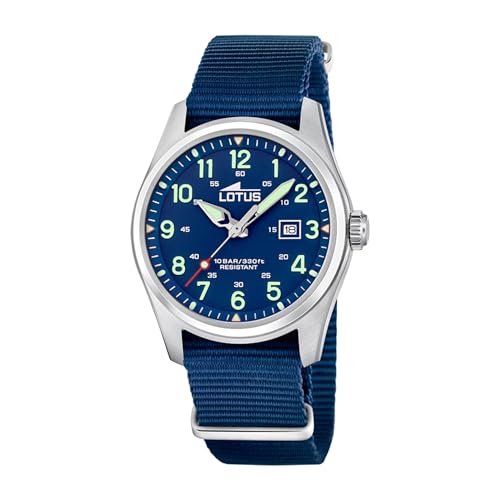 LOTUS Montre Homme Minimaliste Bracelet Nylon Bleu Foncé – Montre Analogique avec Calendrier – Style Militaire Casual Sport – Verre Minéral – 10 ATM...