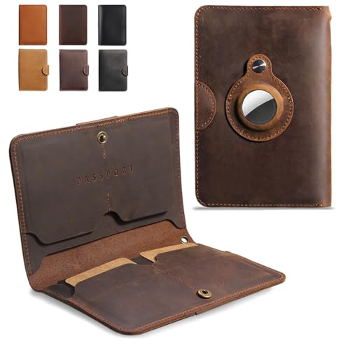 Genuine Leather Passport Holder with AirTag Slot | Bifold Wallet for 2 Passports, Cards | Travel Essentials for Men & Women(5.9'' x 4.13'')