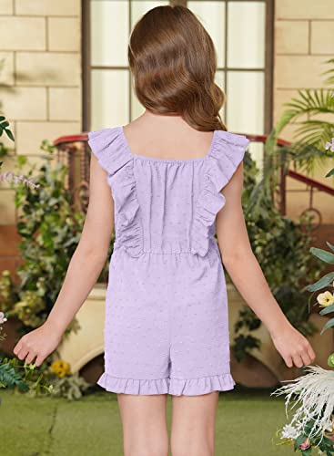 Iimmer Little Girls Off Shoulder Trendy Suqre Neck Summer Casual Holiday Romper Swiss Dot Light Purple Ruffle Trim Outfits With Pocket Size 9-10 Years #TOP5