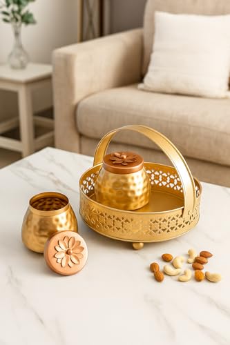 Image of Sanvatsar Square Shape Metal Basket with Jar Tray 4 Copper Flower Container Dry Fruits Chocolate Sweets Candys Gifts Set for Office, Home Decor Table Decoration Item (Pack o2 Round)