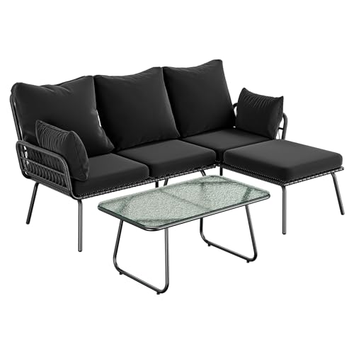 KAMABOKO 3 Pieces Outdoor Patio Furniture Set, Rattan Wicker Patio Sectional Conversation L-Shaped Detachable Lounger Sofa with Thick Cushion & Glass Table for Garden, Backyard, Porch, Yard (Black)