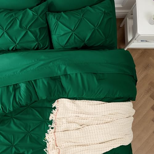 Image of Bedsure Twin Comforter Set Dark Green - Bed in a Bag Twin Size 5 Pieces, GentleSoft Pintuck Bed Set Gift for Family, All Season Down Alternative Comforter with Sheets, Pillowcase & Sham