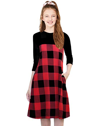 KYMIDY Girls Buffalo Check Plaid Dress Kids 3/4 Sleeve Casual Midi Dresses with Pockets for Girls 6-14 Years