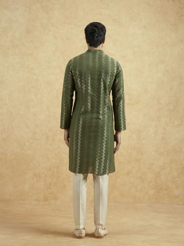 KISAH Men's Olive Green Cotton Blend Lappet Kurta – Regular Fit with Mandarin Collar|Traditional Ethnic Festive Wear
