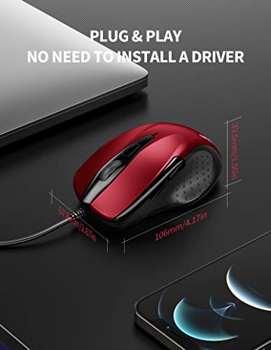 Image of TECKNET USB Wired Mouse, 6-Button Corded Computer Mouse with 4 Adjustable DPI, Optical Computer Mice with Ergonomic Design and 5FT Cord for Laptop, Chromebook, PC, Desktop, Mac, Notebook - Dard Red