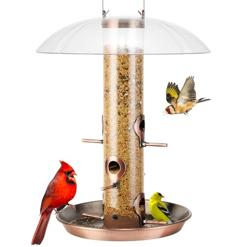 Kingsyard Metal Bird Feeders for Outdoors Hanging, Finch Bird Feeder with Removable Tray and Weatherproof Dome, 2 lbs Seeds Capacity (Antique Copper)