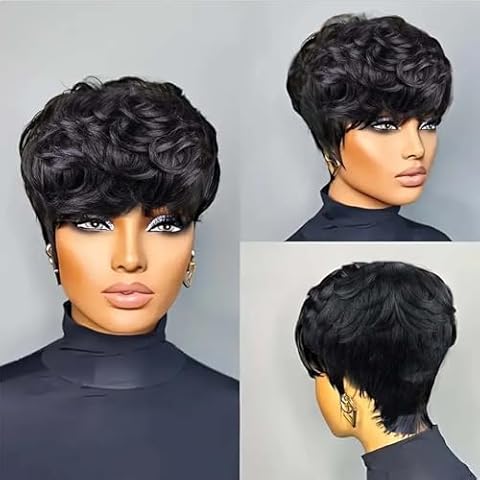 RUISENNA Pixie Cut Wig Human Hair for Black Women Short Layered Pixie Cut Wigs Full Machine Made Wigs Brazilian Virgin Human Hair Wigs For Women Glueless Wigs Short Bob Wig Natural Black Color Cover