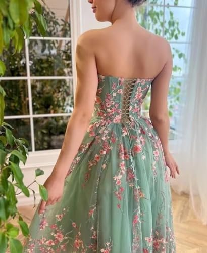 Flower Embroidery Prom Dresses 2024 Tulle Tube Tea Length Ball Gown Long Formal Evening Party Gowns3