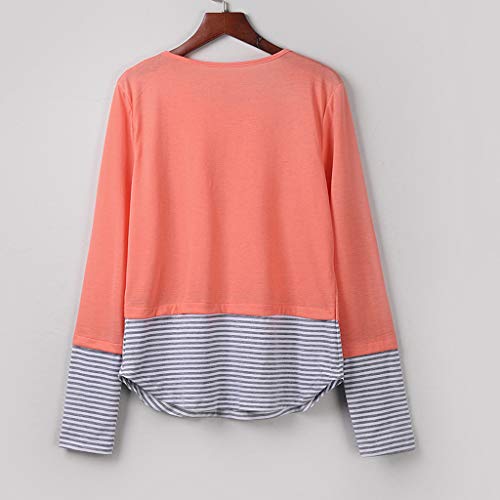 Women Long Sleeve Blouse Sequins Front Pocket T Shirts Lightweight Striped Pullover Casual Tunic Tops Pink