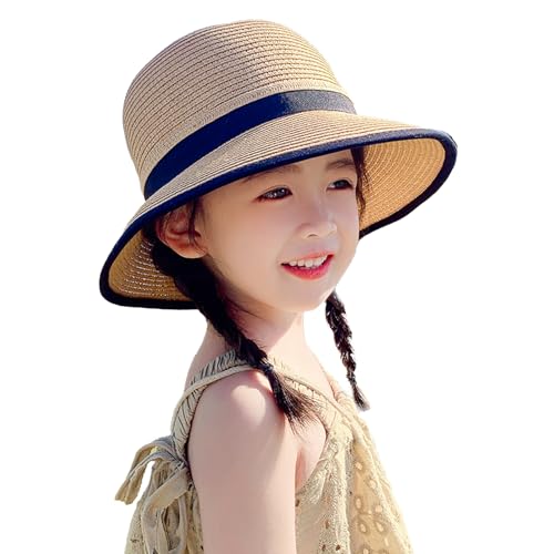 Girls Straw Sun Hat with Bowknot Kids Wide Brim Outdoor Sun Protection Summer Beach Hats Caps for 4-10 Years