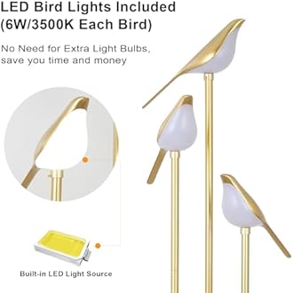 Gold Floor Lamps for Living Room, Modern Floor Lamp with Shelves, Mid Century Standing Lamp with 3 Adjustable LED Bird Lights, Corner Tall Lamp with Table, Brass Stand up Lamp for Bedroom Kids Room